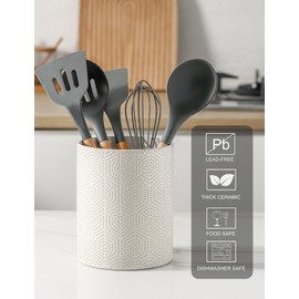 UBEE Ceramic Utensil Holder, 6.7" Kitchen Utensil Holder for Countertop, Cooking Utensil Crock for Counter, Modern Kitchen Tool Holder Spatula Organizer, White