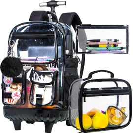 Rolling Clear Backpack for Women, Heavy Duty PVC Transparent Wheeled Bookbag, See Through School Bags with Wheels for Teens Elementary Travel - Black