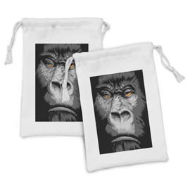 Ambesonne Modern Fabric Pouch Set of 2, Close up Gorilla Portrait with Orange Eyes Zoo Jungle Animal Wild Money Graphic, Small Drawstring Bag for Toiletries Masks and Favors, 9" x 6", Grey Marigold