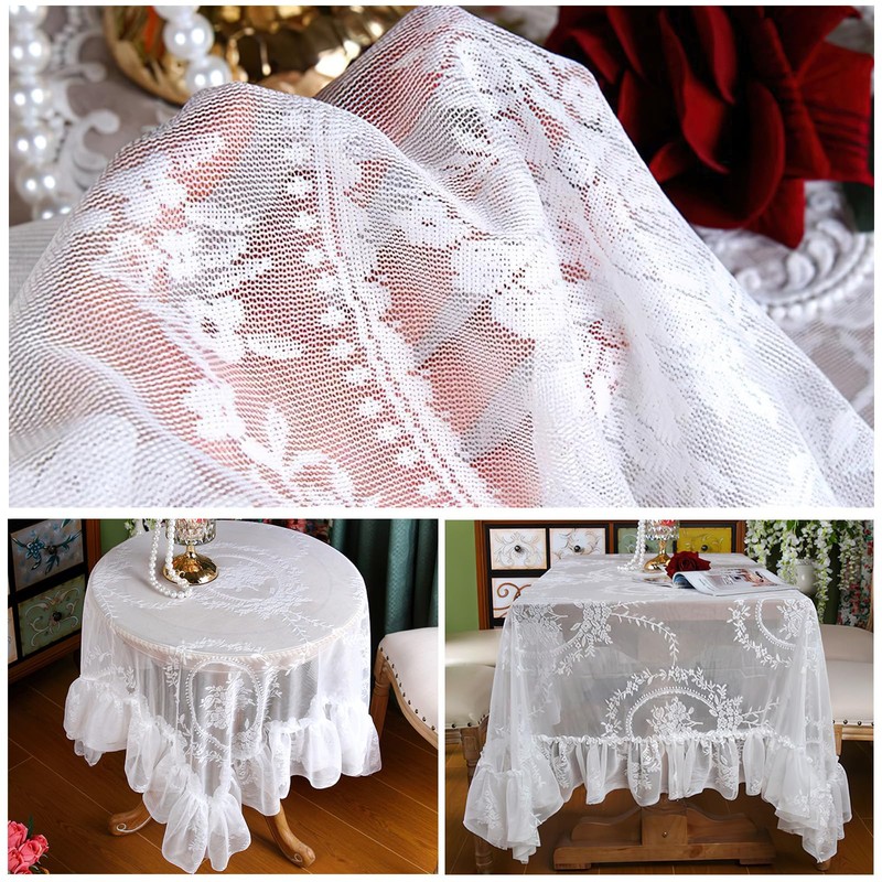 Vintage White Lace Tablecloth with Flowers, Embroidered Ruffles Square Table