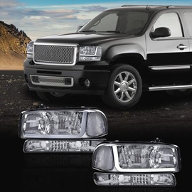 G-PLUS LED Headlights Assembly Fit GMC Sierra 1500HD 2500HD 3500 1999-2007/Fit GMC Yukon XL 1500 2500 1999-2006,Headlamps Smoky Lens Chrome Housing Clear Reflector,faros delanteros