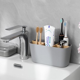 Toothbrush Holders for Bathrooms, Bamboo Tooth Brush Holder with 5 Slots Bathroom Vanity Organizer Countertop for Electric Toothbrushes, Toothpaste, Razors - Grey