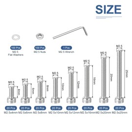 DTGN 360pcs Metric Thread Assortment M2.5 Bolts and Nuts Kit 304 Stainless Steel M2.5x4/6/8/10/12/16/20/25mm Hex Socket Head Cap Screw Bolt Set with Washer and Wrench