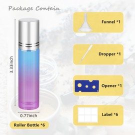 GIVITASOT 10ML Essential Oil Roller Bottles, 6 Pack Clear Oil Roller Bottles for Essential Oils, Roll on Bottle with Stainless Steel Balls(6 Labels, Opener, Funnel, Dropper Included)