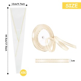 Bicuces 300 Pcs Single Flower Sleeves Wrapping Bags White Single Rose Florist Bouquet Packaging Bags Golden Edge Cellophane Flower Sleeves for Floral Arrangement Supply Wedding Valentine's Day