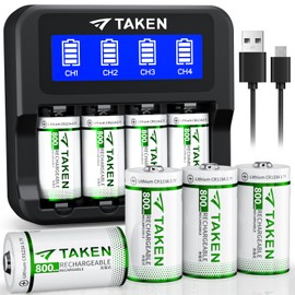 Taken CR123A Battery,8 Pack 123A 3.7V Rechargeable Batteries with Charger, 800mAh CR123 Battery Compatible with Arlo Cameras VMC3030 VMK3200 VMS3330 3430 3530,Flashlights