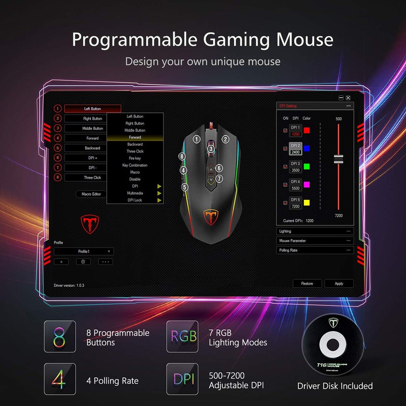 RGB Gaming Mouse Wired,Vollion PC Gaming Mice with 8 Programmable