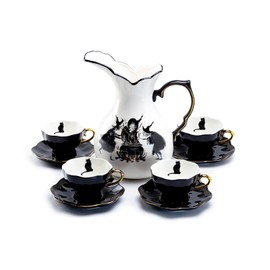 Potter's Studio Witches Brew Pitcher, 4 Black Cat Tea Cup and Saucer Sets with Gold Trim