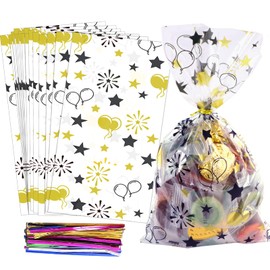 COQOFA 100 Pcs Black Gold 6"X10" Gift Wrap Cello Cellophane Treat Bags Party Favor bags Clear Candy Cookie Bags Plastic Poly Goodie Storage Bags with Twist Ties for Graduation,Retirement,Wedding,Baby