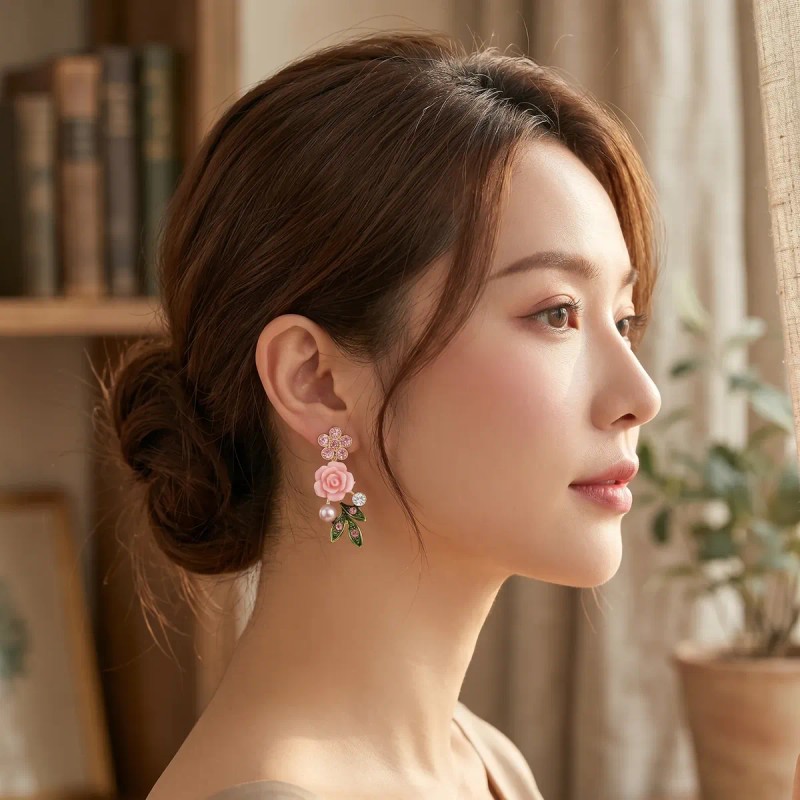 Aretes Plata 925 Oro 14k Rosa Flor Perla Zirconia Mujer