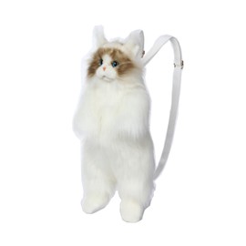 CU-MATE Plush Cat Backpack, Lifelike White Stuffed Animal Bag, Large Handmade Cute Cat Shaped Bag
