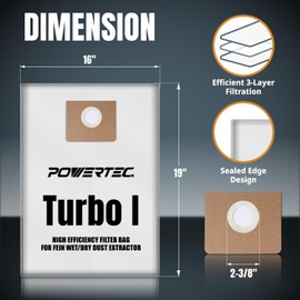 POWERTEC Turbo I, 9-20-27 Fleece Filter Bags 15PK, for Fein Dustex 25 L Wet/Dry Dust Extractor, for Fein 31345061010 Shop Vacuum Replacement Bags, Filter Bags, Dust Bags (75041-P3)