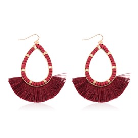 Bohemian Silky Thread Tassel Strand Fringe Statement Hoop Earrings - Lightweight Semi Circle Fan Threader, Mermaid Hoops (Boho Bead Fringe Tassel Earrings - Teardrop Burgundy)