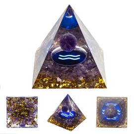12 Zodiac Orgone Crystal Pyramid, Natural Amethyst Crystal Ball for Aquarius Zodiac, 2" Orgone Healing Pyramid for Positive Energy Stress Reduce Healing Meditation Attract Wealth Lucky