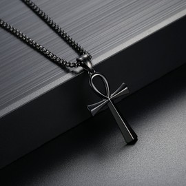 REVEMCN Men's Stainless Steel Black Gold Silver Coptic Ankh Cross Pendant Chain Necklace for Men Women Egyptian Religious jewelry Gifts, 20-24 Inches Box Chain, 22 Inches Chain, Stainless Steel, No Gemstone