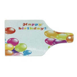 Ambesonne Birthday Cutting Board, Colorful Festive Mood Flying Party Balloons in Surprise Happy Occasion Set Up, Decorative Tempered Glass Cutting and Serving Board, Wine Bottle Shape, Multicolor