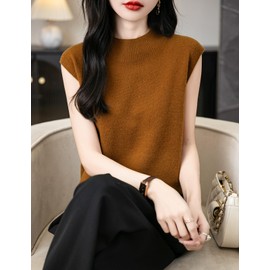 Chanyarn Women's 100% Merino Wool Spring Fall Winter First-Line Ready to Wear Mock Neck Seamless Knit Sleeveless Sweater Vest (Caramel,S)
