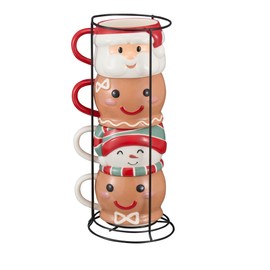 Way To Happiness Christmas Character 4-Piece 12.2-Oz Ceramic Stoneware Stackable Mug Set With Metal Rack