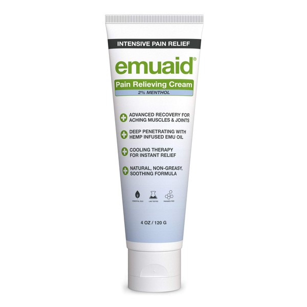 EMUAID Pain Relieving Cream 4oz - Relief for aching muscles, shoulder, neck joint, lower back aches, hip, knee joints, leg, feet, nerve pain, inflammation, sciatica, and arthritis.