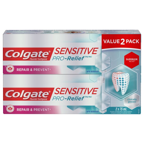 Colgate Sensitive Pro-Relief Repair & Prevent Toothpaste - Dual Zinc and Fluoride Formula for Gum Health, Cavity Protection Whitening Toothpaste, 75ml, 2 Count