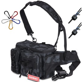 HAKAWAFLY Fishing Bag, Wide Mouth, Large Capacity, Waist Bag, Wide, 5-Way Fishing, Tackle, Waterproof, Hip, Multi-functional, Removable, Left and Right Shoulder Padded, Water Repellent, Includes 2 Rod Holders and 5 Carabiners (Blue Camouflage)