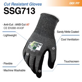 DEX FIT Level 7 Cut Resistant Gloves SSG713 - Steel Fiber Protection, Sandy Nitrile Grip, Durable, Comfort and Dexterity, Lightweight and Thin for Precision Work, Machine Washable; Grey L (9) 1 Pair
