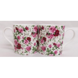 Rainbow Decors English Rose Mugs Set 2 Fine Bone China 9 oz Balmoral Pink Roses Cups Hand Decorated UK