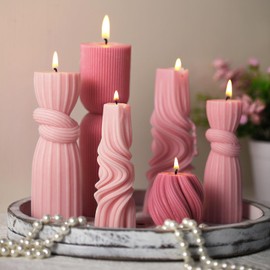 Threlaco 6 Pcs Pillar Candles Modern Aesthetic Ribbed Decorative Candle Set Cute Soy Wax Scented Ribbed Decor for Home(Pink,2.36-6.89 Inch)