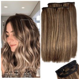2 Pcs Short Hair Extensions, Clip in Extensions Human Hair for Women Adding Volume 12 Inch Medium Brown and Honey Blonde