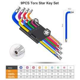 Anesty Torx Key Set 9pcs T10-T50 Security Tamperproof Torx L-key Set Cr-V Steel Made, Colour Coded Long Torx Star Keys