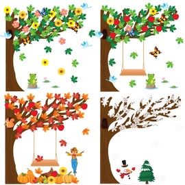 MALLMALL6 198Pcs Classroom Tree Bulletin Board Decor Seasonal Tree Summer Autumn Winter Spring Cutouts Border Set Four Seasons Chalkboard Wall Decorations for Kindergarten Elementary School Home
