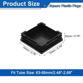 sourcing map 4Pcs Square Plastic Plugs, 70 x 70mm/2.76 x 2.76inch PE Pipe Tubing End Caps for 63-68mm/2.48-2.68inch Square Tube Furniture Chair Leg, Black