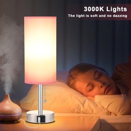 Hong-in Pink Bedside Lamp for Bedroom-Nightstand Lamp with 3 Color Modes with USB-C+A Charging Ports, 3000/4000/5000k Bedroom Lamps by Pull Chain, Small Table Lamp for Bedroom, Office, Living Room
