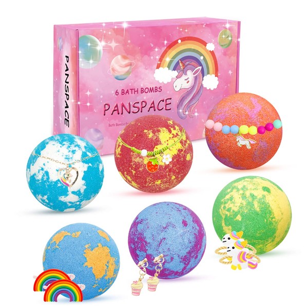 Panspace Unicorn Bath Bombs for Girls with Jewelry Inside, 6 Organic Bath Bombs Gift Set for Kids, Handmade Bubble Bath Bombs Spa Fizz Ball Kit with Surprise Toys for Kids Girls Birthday Christmas