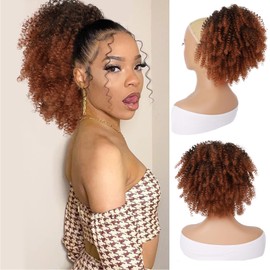 G&T Wig Afro Kinky Curly Drawstring Ponytail Extension for African Black Women Short Afro Puff Curly Synthetic Hairpieces for Daily (Ombre Auburn)