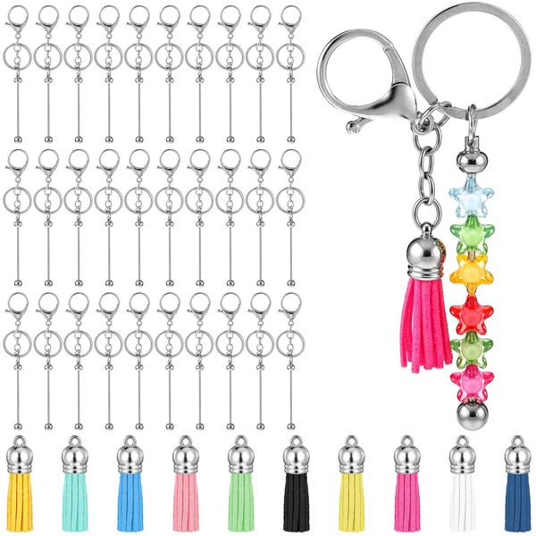 Meyeyaia 60pcs Beadable Keychain Bar,Silver Metal Beadable Keychains and Leather