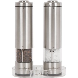 Latent Epicure Electric Salt & Pepper Grinder Set – Battery Operated Stainless-Steel Mills & Shakers with Light, Adjustable Ceramic Grinders & Acrylic Rest Tray