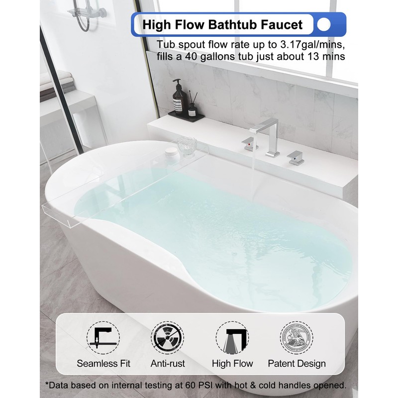 HEYMYTAP Chrome High Flow Roman Tub Faucet Set 3 Hole,