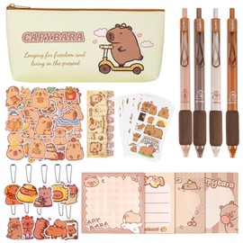 Capybara Stationery Set, Include 1Pcs Capybara Pencil Case, 4Pcs Gel Ink Pens, 10Pcs Keyrings,10 Sheets Temporary Tattoos, 200Pcs Sticky Notes,50Pcs Stickers,120Pcs Index Stickers for Kids Students