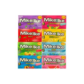 Variety Pack Mike and Ike Candy, Assorted Flavors, Includes Sour, Berry Blast, Jolly Joes, Tropical Typhoon, Original Fruits, Cherry, 0.78 oz Pouches, 8 Pack with Blue Paper Bag