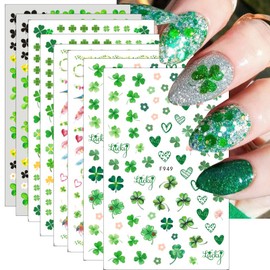 8 Sheets Patricks Nail Art Stickers Shamrock Nail Stickers 3D Self-Adhesive Luck of The Irish Nail Decals Green Four Leaf Clover Nail Supplies for Irish Spring Summer Nails Design Manicure Decor