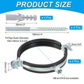 PATIKIL 4.3"-4.6"/108-118mm Split Ring Pipe Hanger, 4 Pcs Heavy Duty Adjustable Pipe Bracket Clamp Galvanized Iron Wall Ceiling Mount Pipe Strap Support with Screws & Expansion Tube, Black