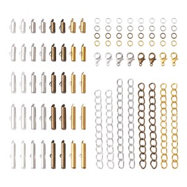 Pandahall 640Pcs 4 Color Brass Slide On End Clasp Tubes & Iron Twist Extender Chains & Open Jump Rings & Alloy Lobster Claw Clasps Connectors for DIY Bracelet Necklace Jewelry Making