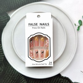 24Pcs Flower Press on Nails Medium Square Fake Nails Spring False Nails with Bee Honey Daisy Flower Design Full Cover Nude Pink Artificial Nails Cute Bee Glue on Nails for Women Nail Art Decoration