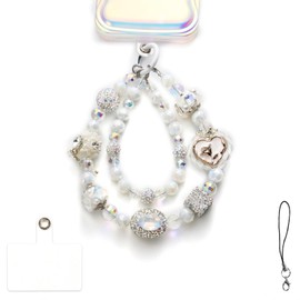 XODITO White Phone Charms with Crystal Beads for Women Double Detachable Cellphone Wrist Strap, Diamond Chain for Keys, Shoulder Bags, Curtain