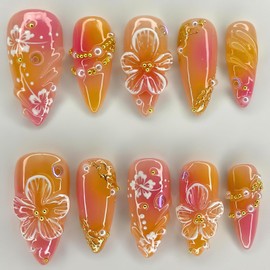 Jremg Flower Press on Nails Medium Almond Fake Nails with 3D Flower Designs Glossy Orange Pink Gradient False Nails Cute White Flower Gold White Pearl Rhinestones Glue on Nails for Women 24Pcs
