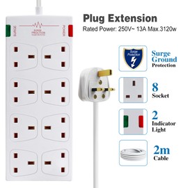 EXTRASTAR 8 Way Extension Leads with Surge Protection, 13A 3120W Approved British UK Wall Mounted Power Strips with 2 Metre Extension Cord for Home, Office - White
