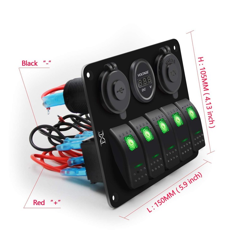 FXC Waterproof Rocker Switch Panel Green 5 Gang with QC3.0