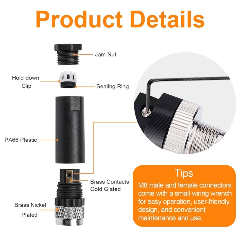 10Pcs M8 3-Pin Aviation Connector Male, Industrial A Coding Field