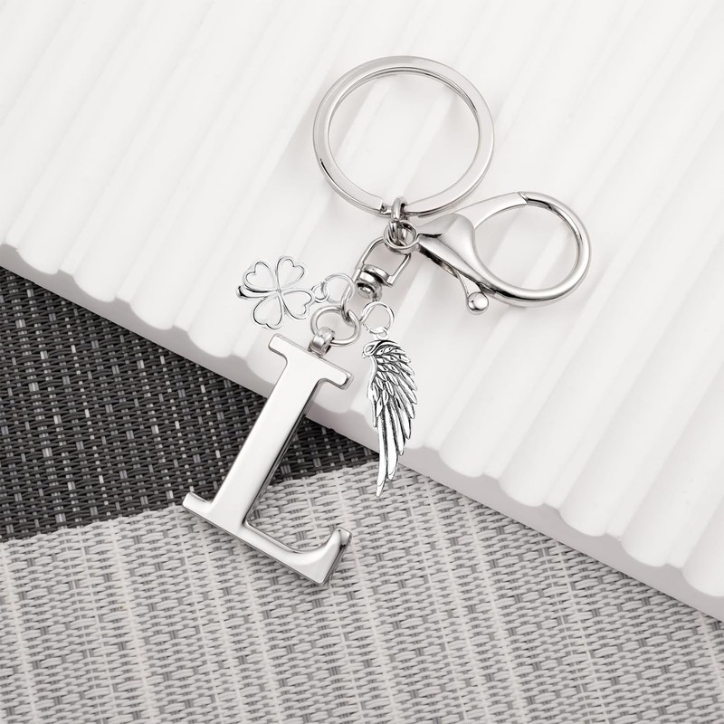 YasJess Keyring Letter with Four Leaf Clover and Wings Name